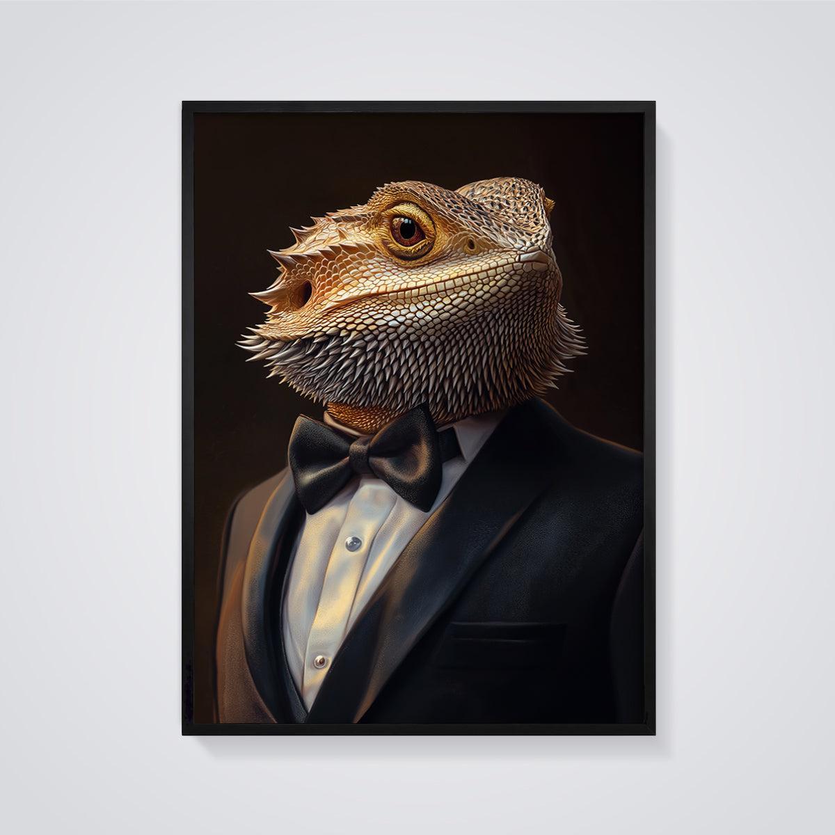 Bearded Dragon Tuxedo Print framed in black on a grey background