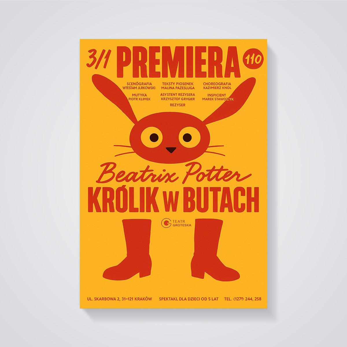 Beatrix Potter Rabbit in Boots Print unframed on a grey background