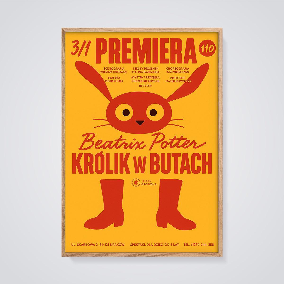 Beatrix Potter Rabbit in Boots Print framed in oak on a grey background