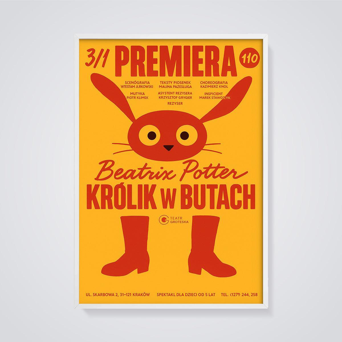 Beatrix Potter Rabbit in Boots Print framed in white on a grey background