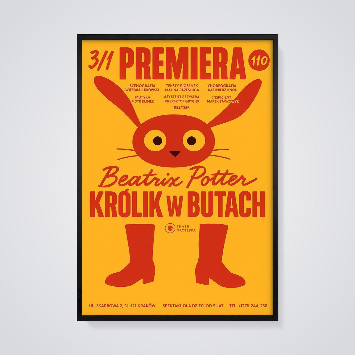 Beatrix Potter Rabbit in Boots Print framed in black on a grey background