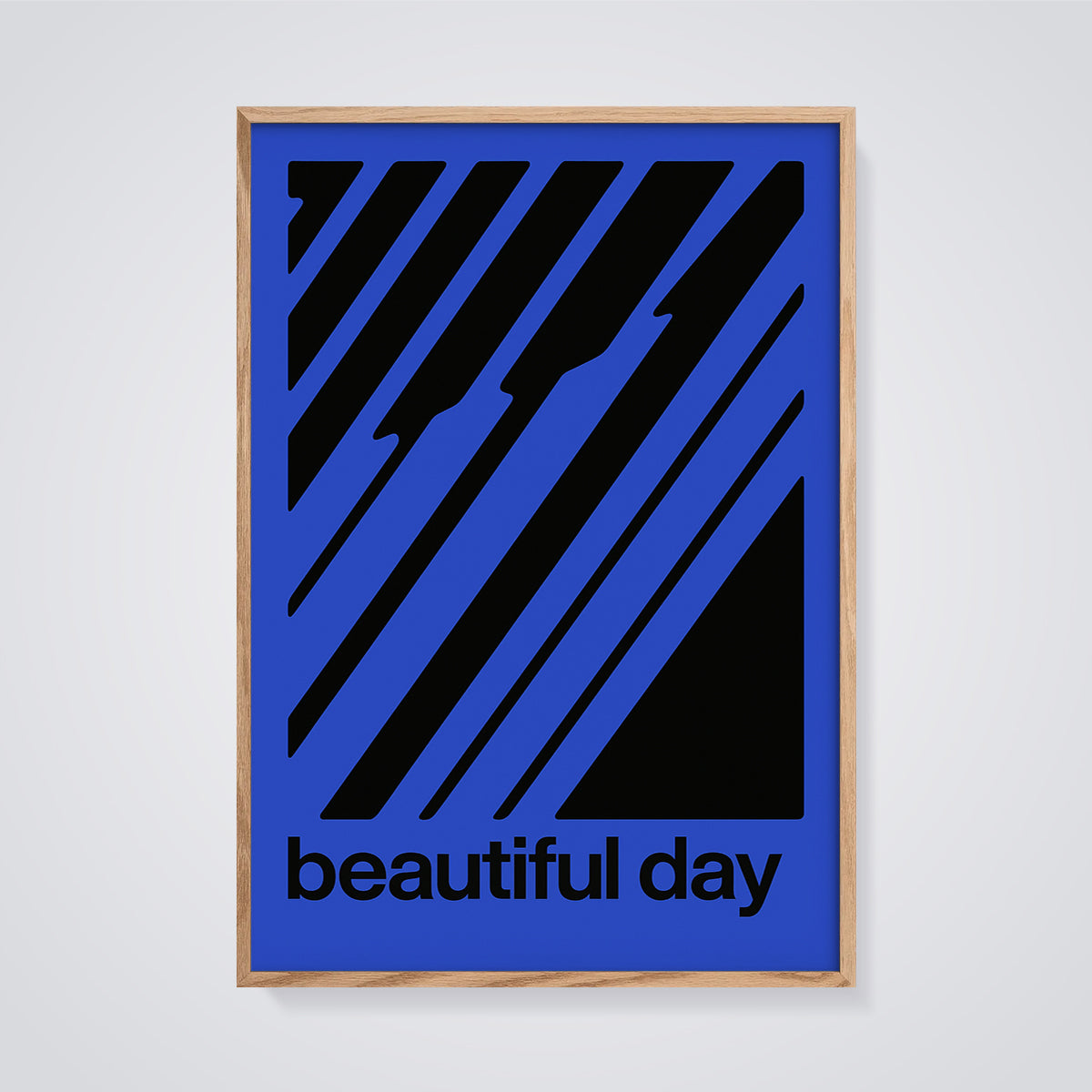Beautiful Day Blue Stripe Print framed in oak on a grey background