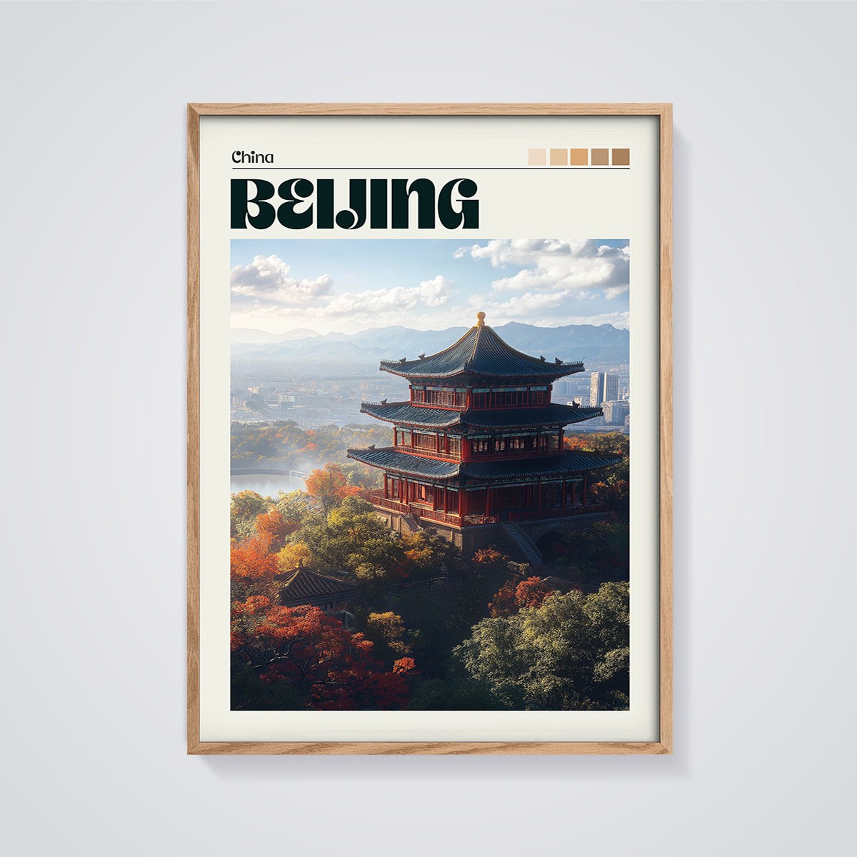 Beijing Temple Autumn Print framed in oak on a grey background