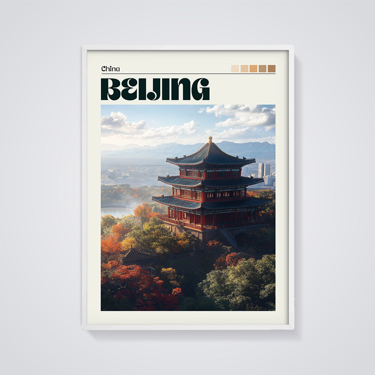 Beijing Temple Autumn Print framed in white on a grey background