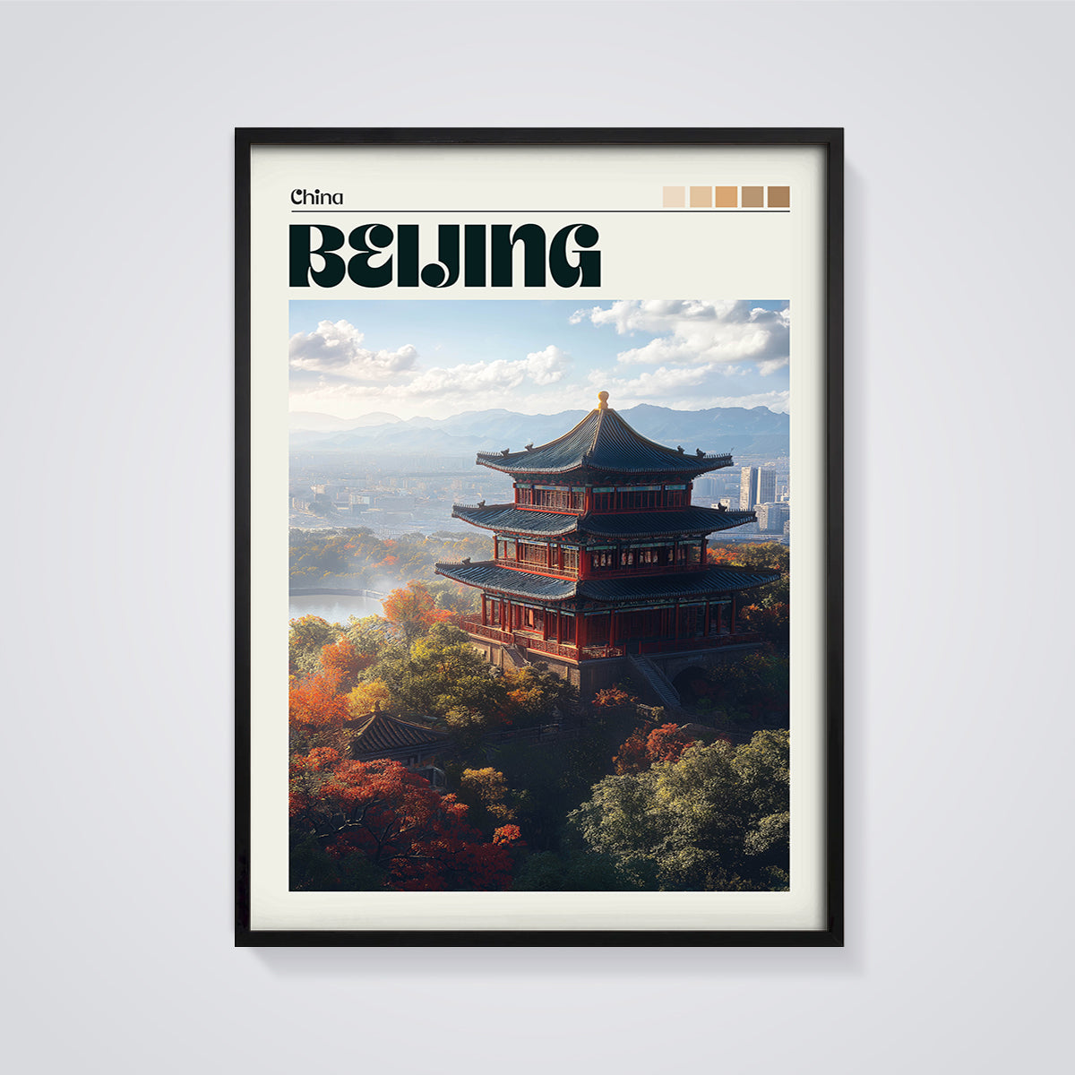 Beijing Temple Autumn Print framed in black on a grey background
