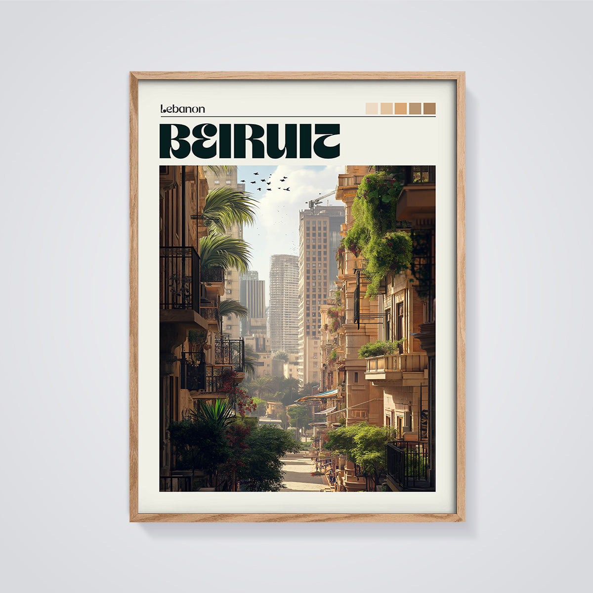 Beirut Street View Print framed in oak on a grey background