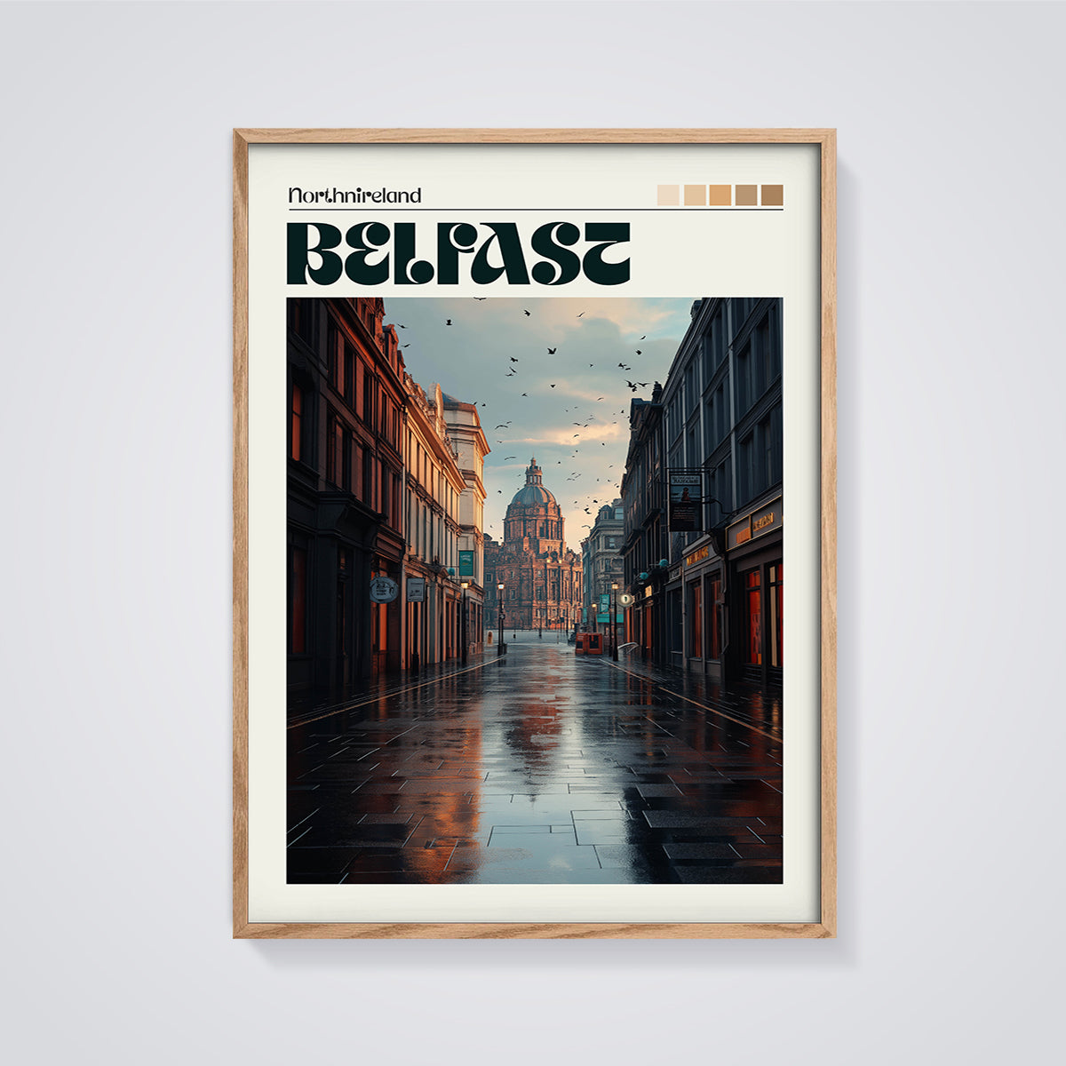 Belfast City Hall Reflections Print framed in oak on a grey background