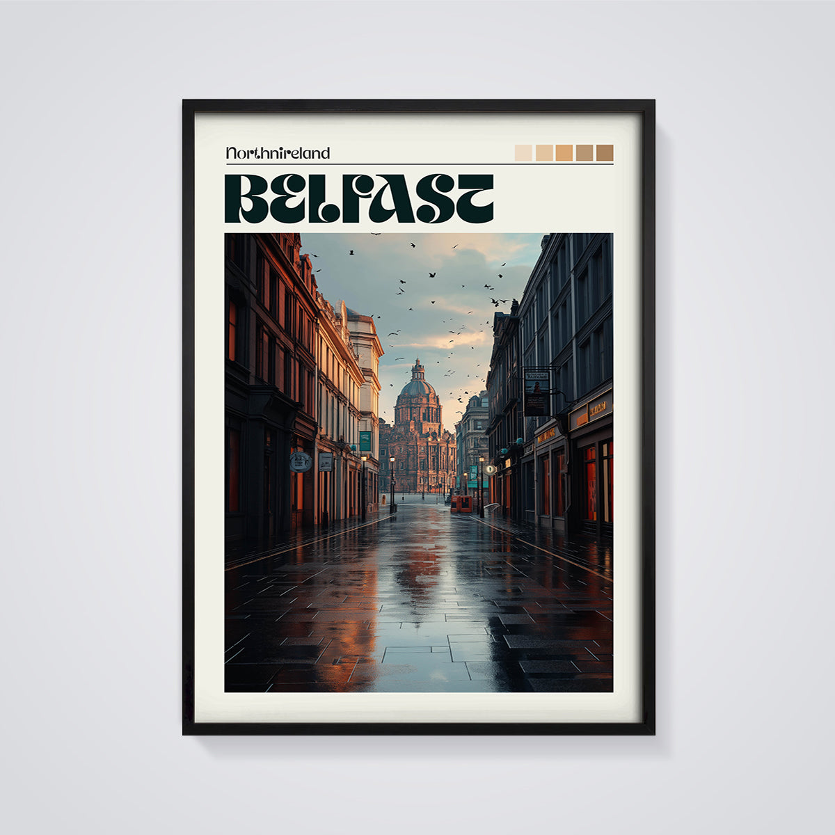 Belfast City Hall Reflections Print framed in black on a grey background