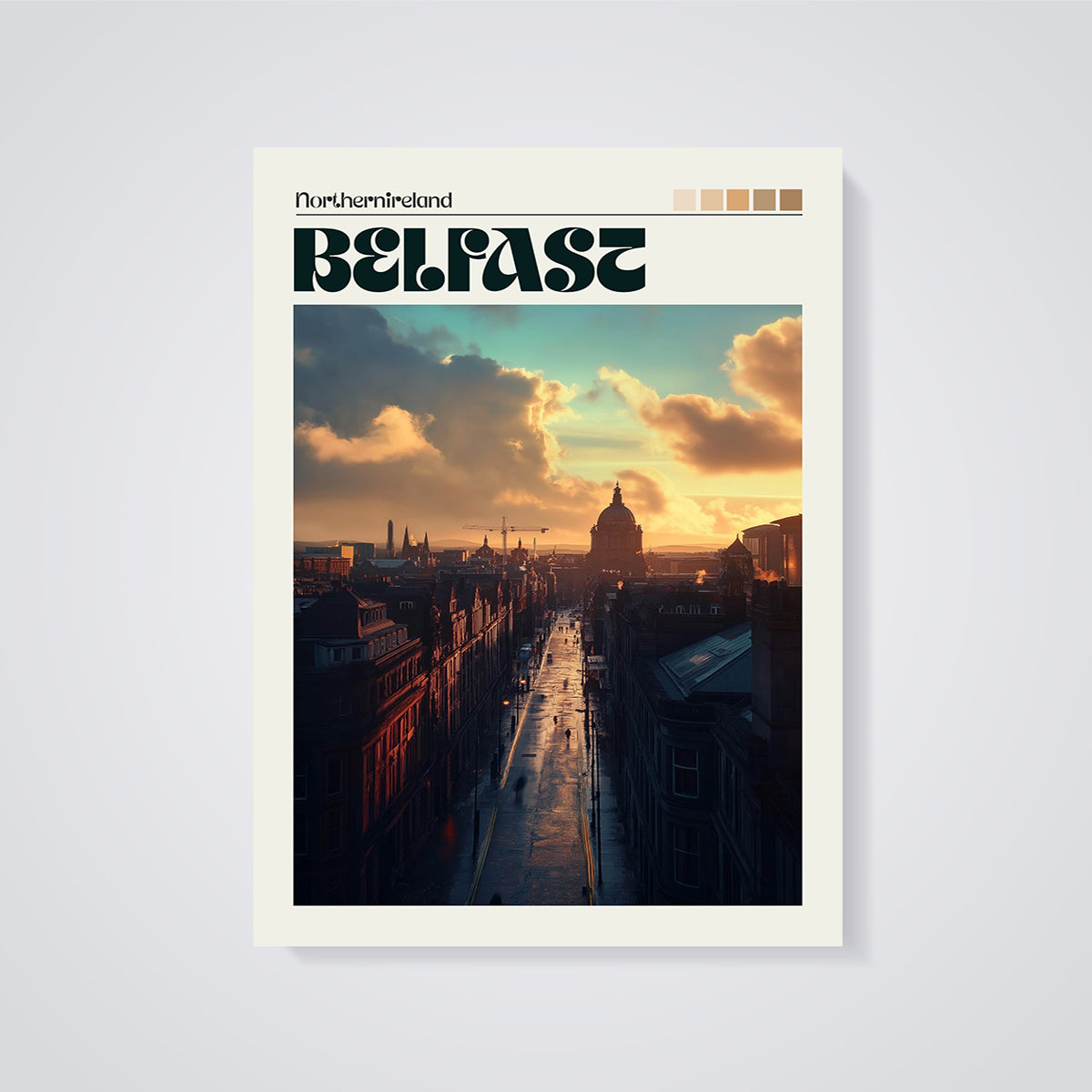 Belfast Golden Hour Cityscape Print unframed on a grey background