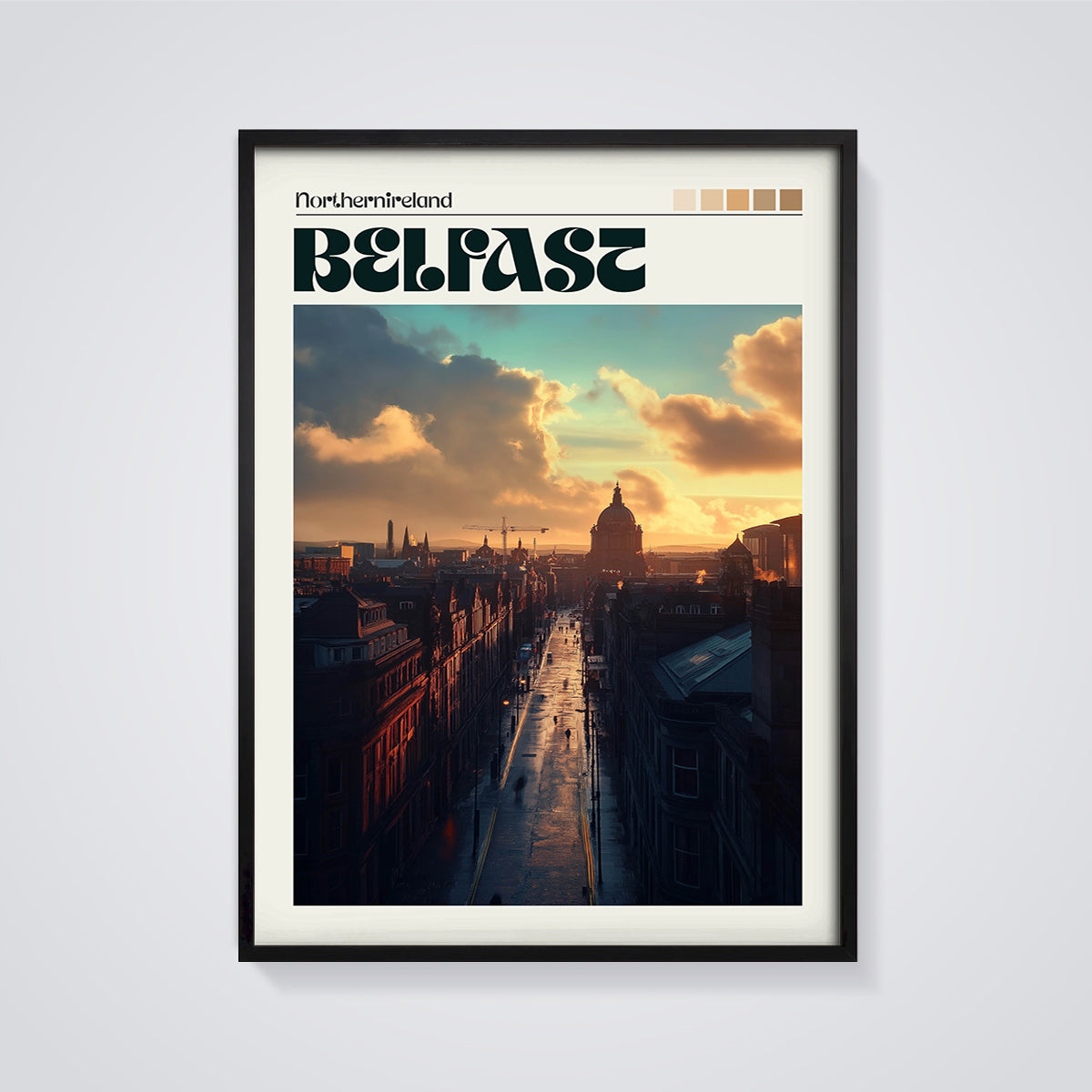 Belfast Golden Hour Cityscape Print framed in black on a grey background