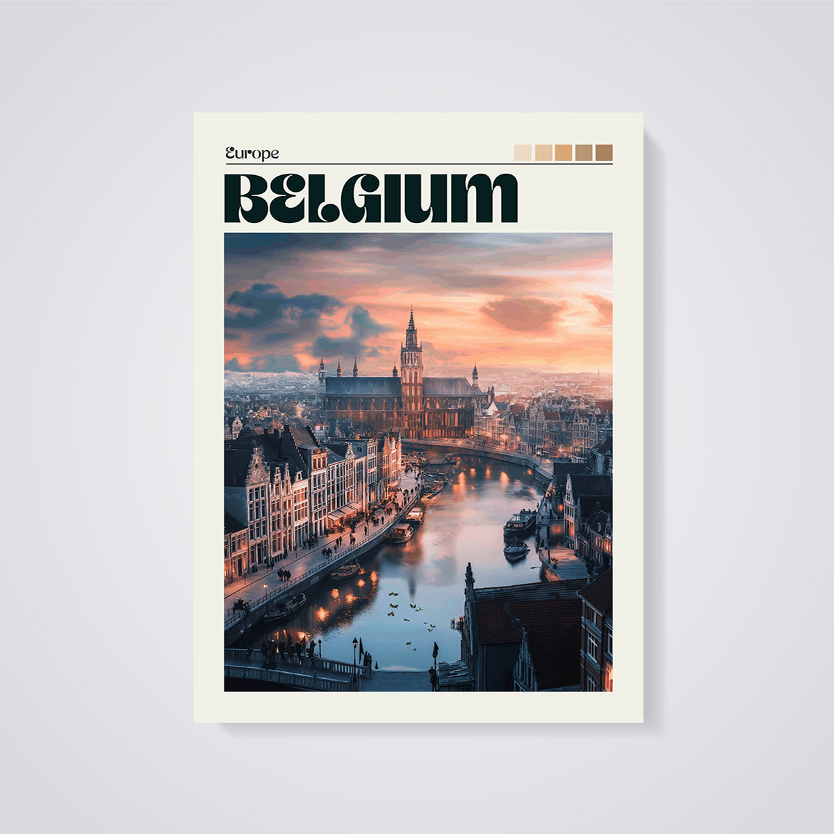 Belgium Ghent Sunset Canal Print unframed on a grey background