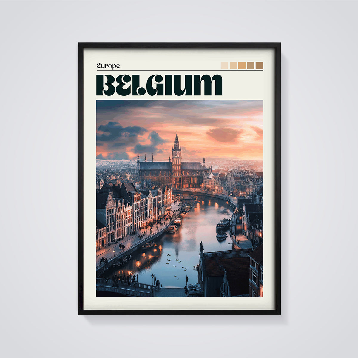 Belgium Ghent Sunset Canal Print framed in black on a grey background
