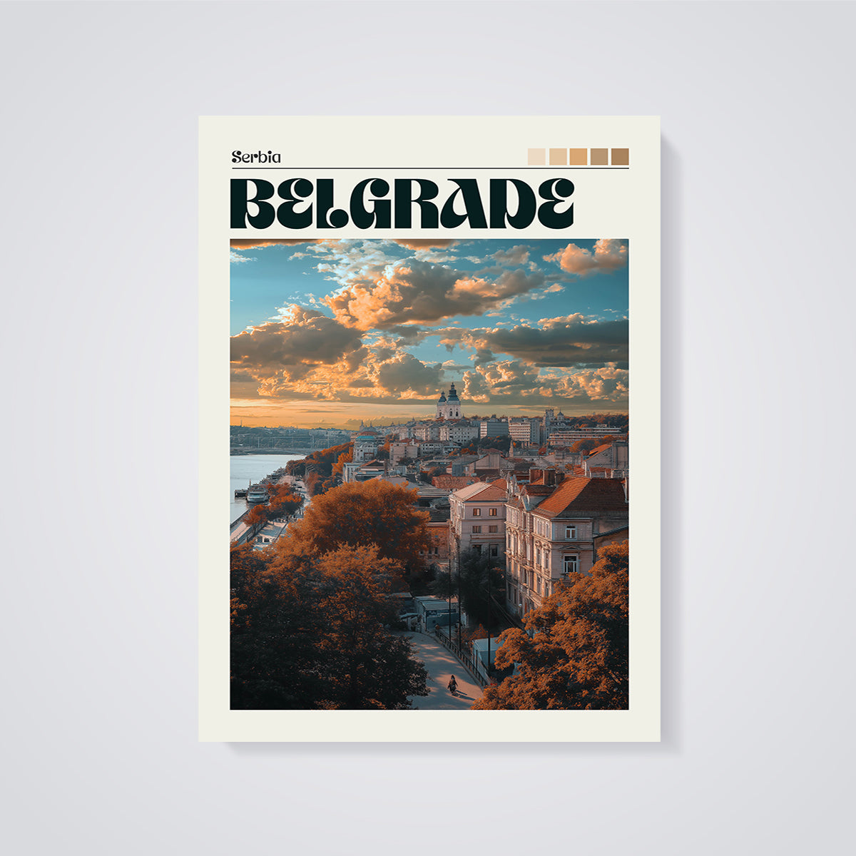 Belgrade Sunset Cityscape Print unframed on a grey background