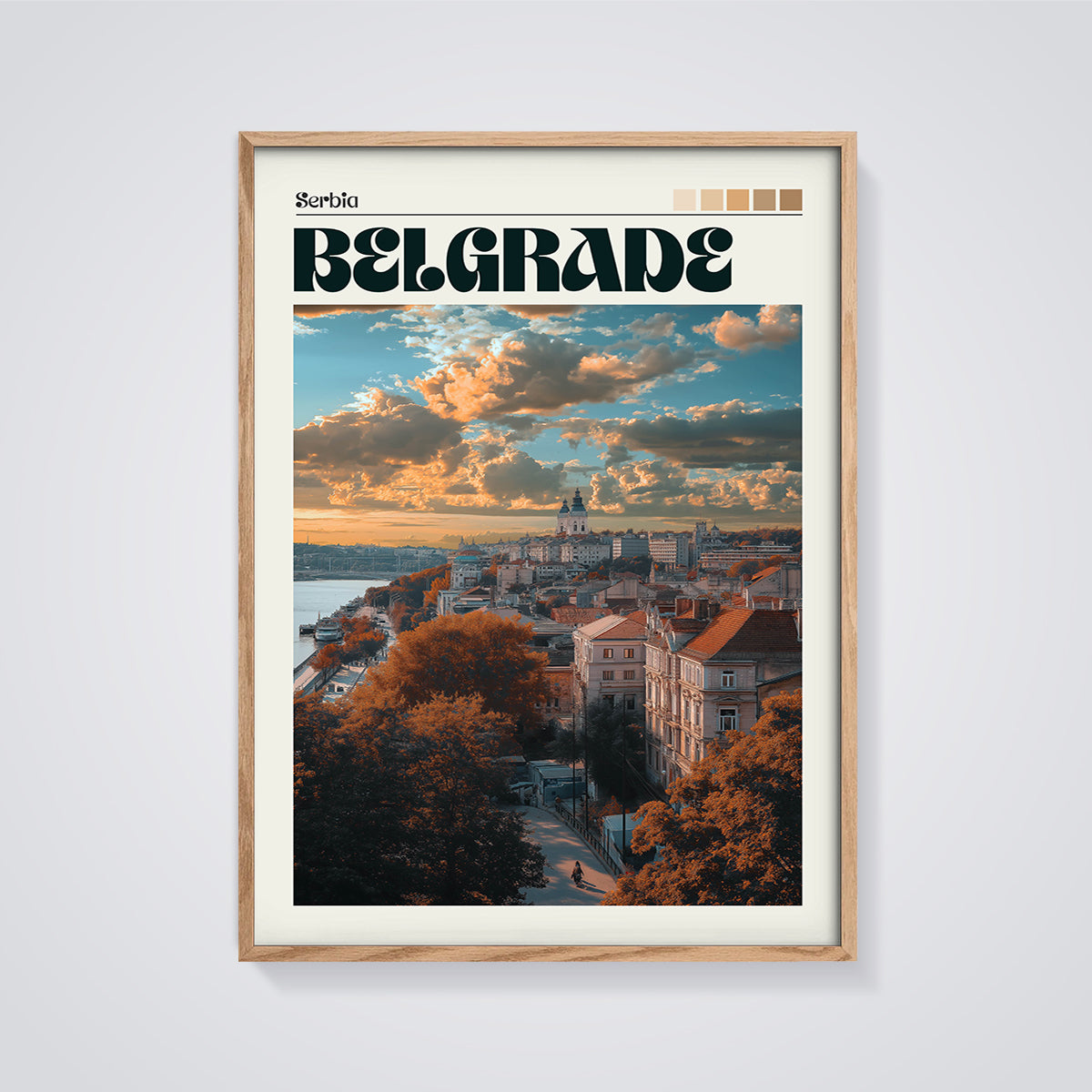 Belgrade Sunset Cityscape Print framed in oak on a grey background
