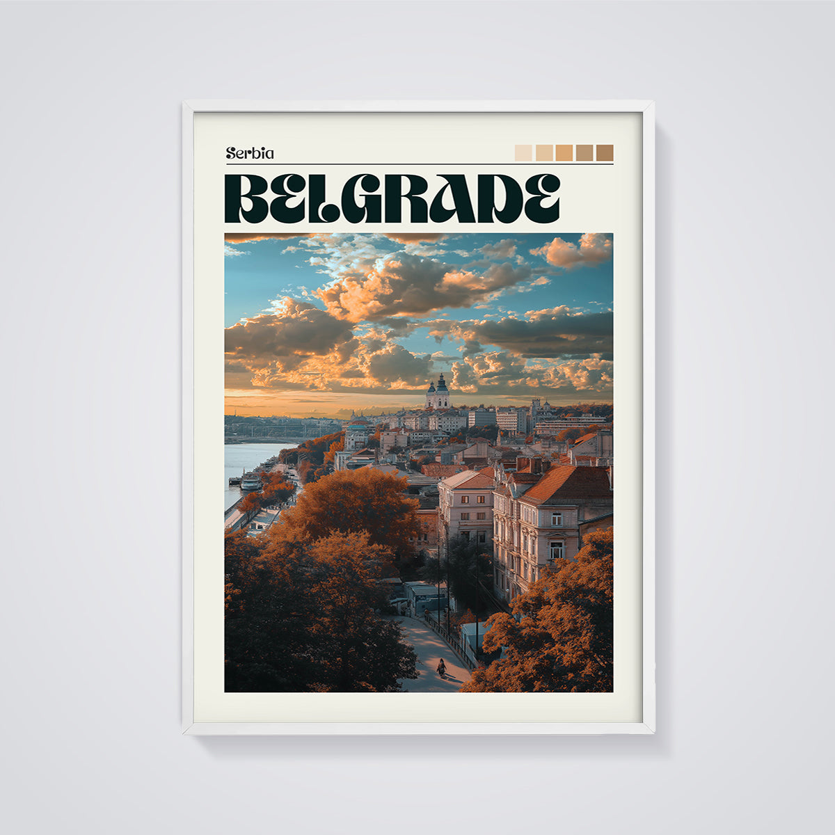 Belgrade Sunset Cityscape Print framed in white on a grey background