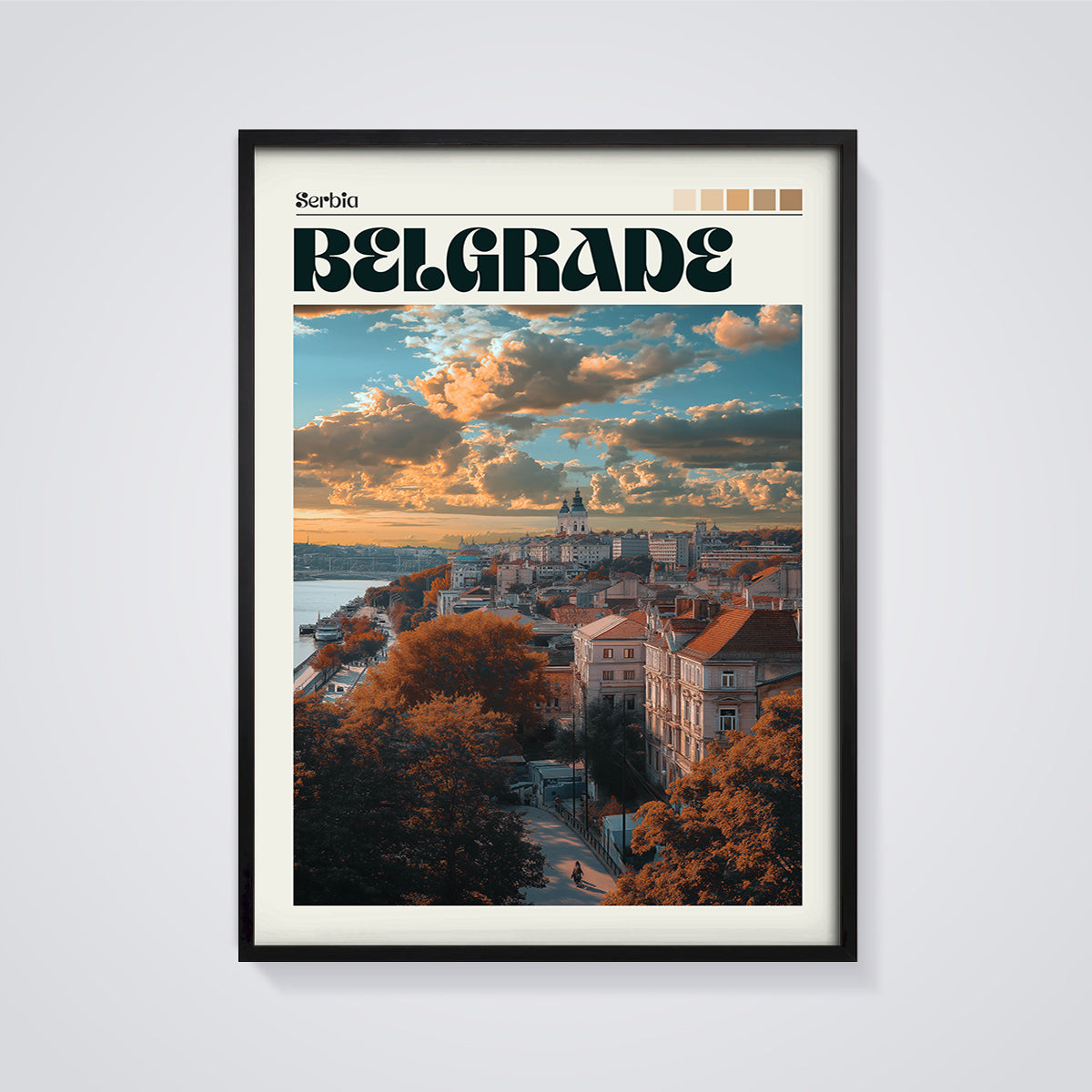 Belgrade Sunset Cityscape Print framed in black on a grey background