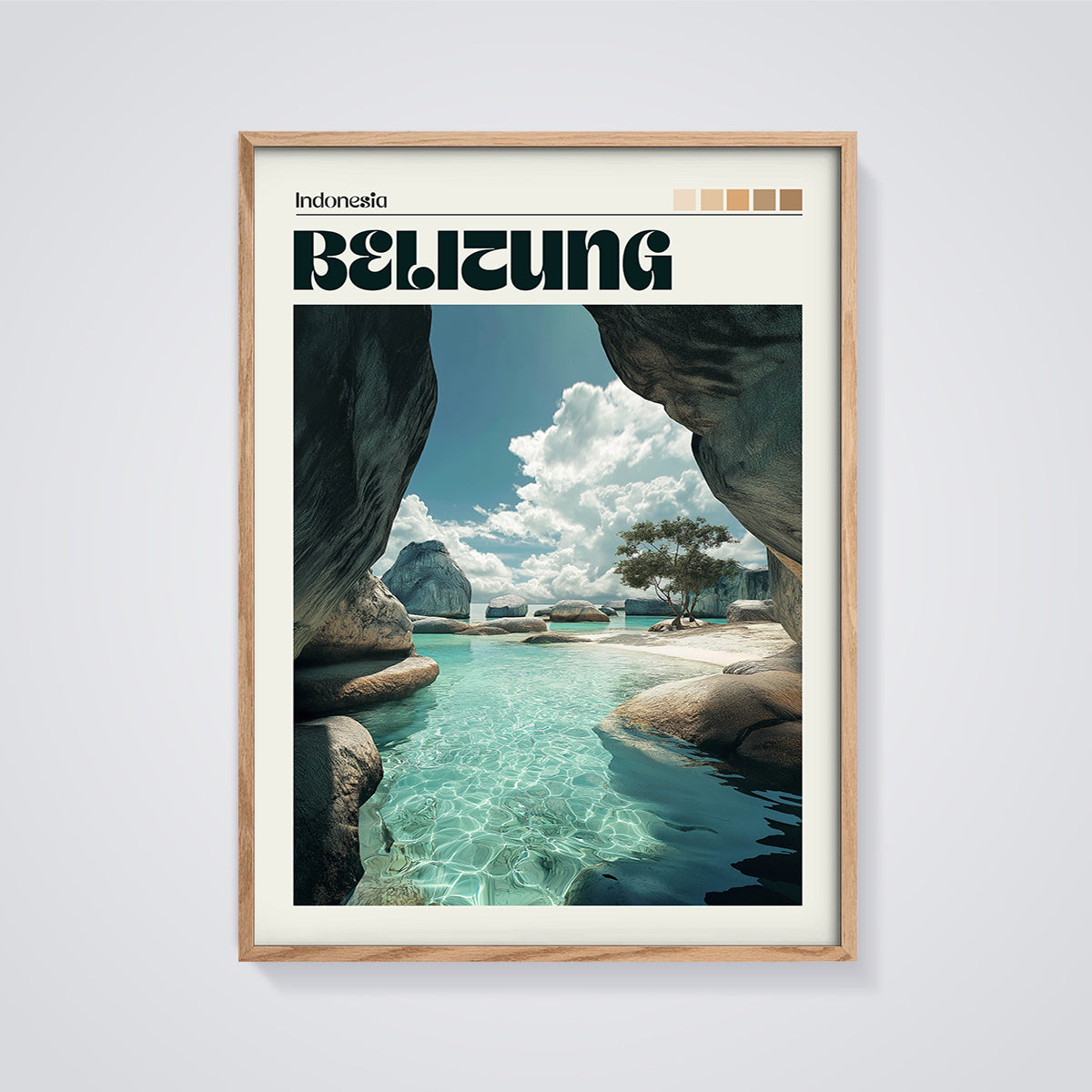 Belitung Turquoise Cove Print framed in oak on a grey background