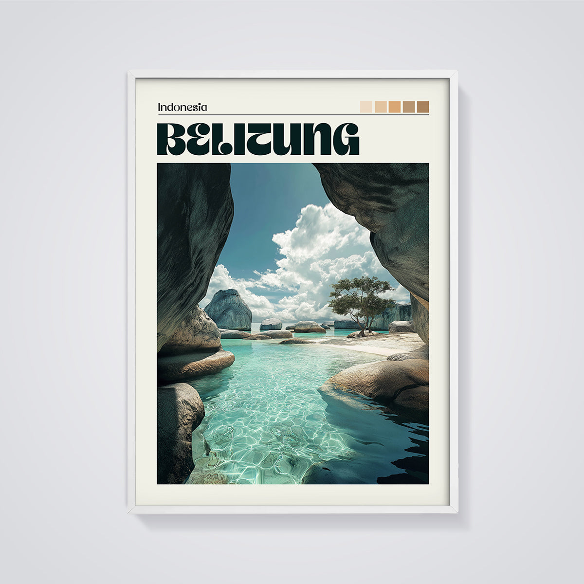 Belitung Turquoise Cove Print framed in white on a grey background