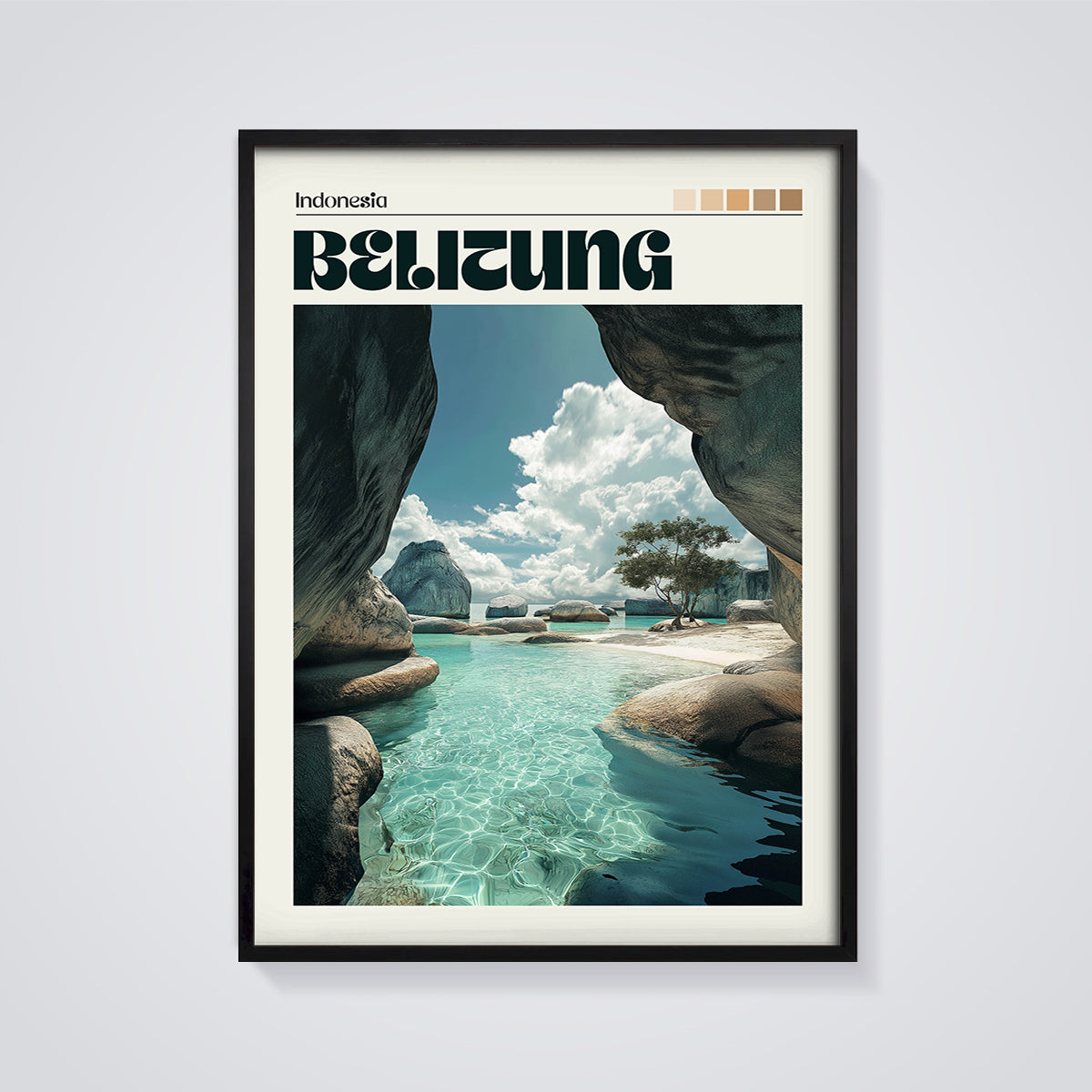 Belitung Turquoise Cove Print framed in black on a grey background