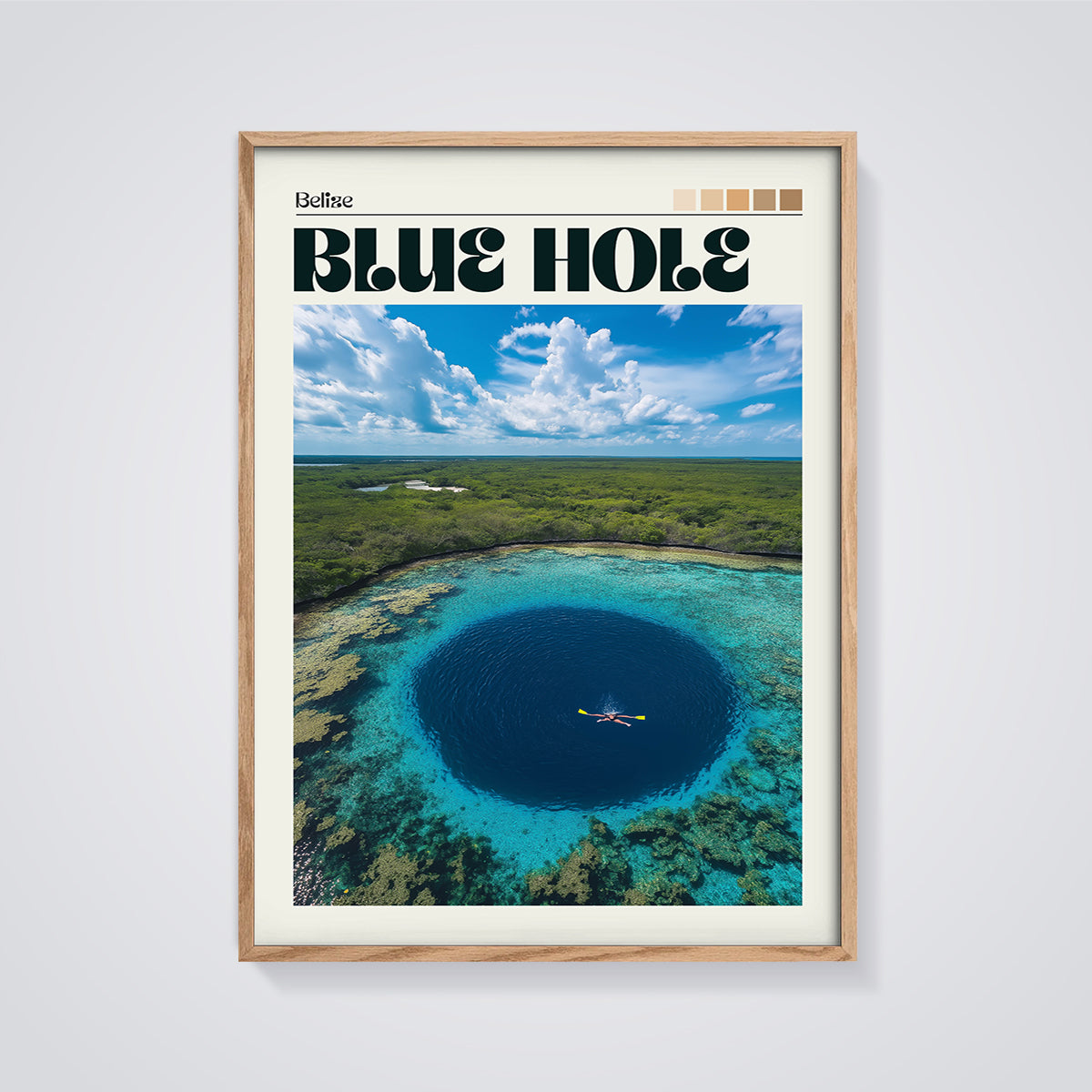 Belize Blue Hole Aerial Print framed in oak on a grey background