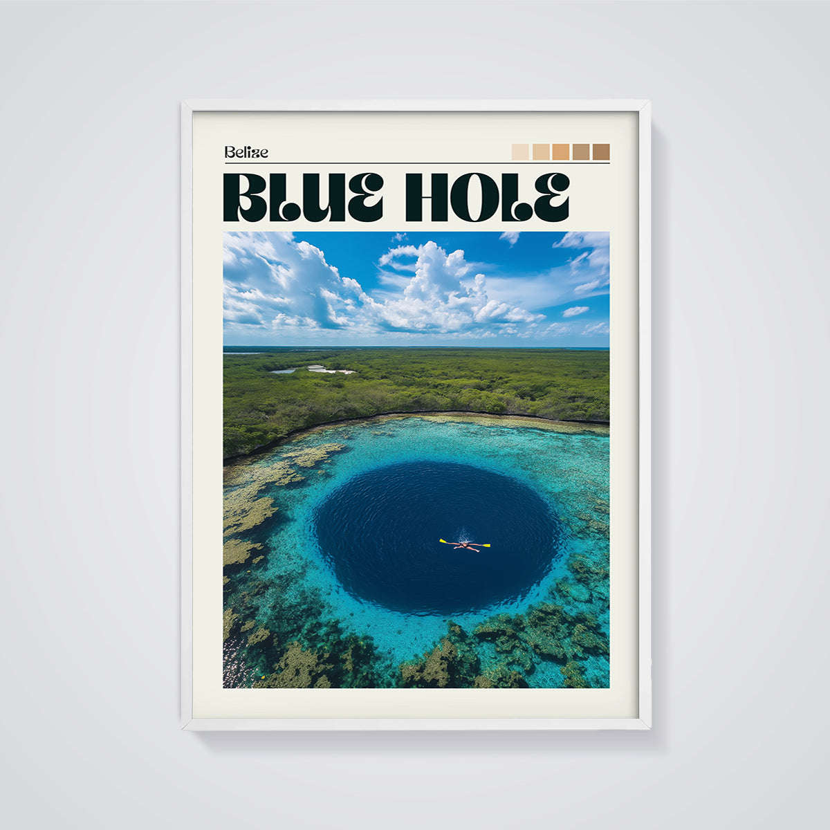 Belize Blue Hole Aerial Print framed in white on a grey background