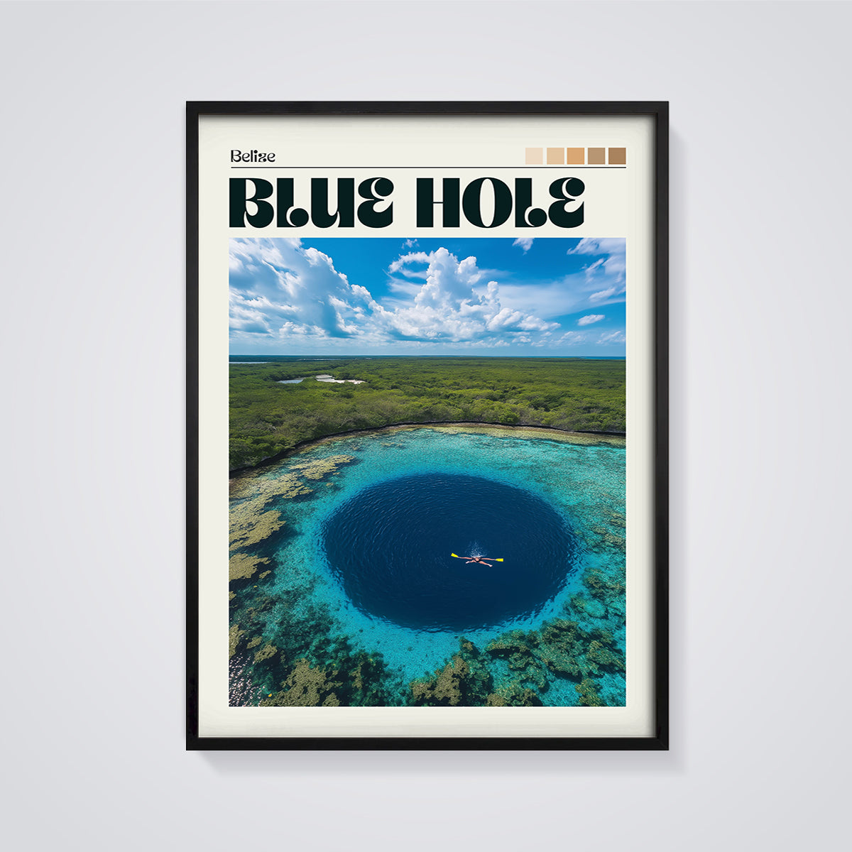 Belize Blue Hole Aerial Print framed in black on a grey background