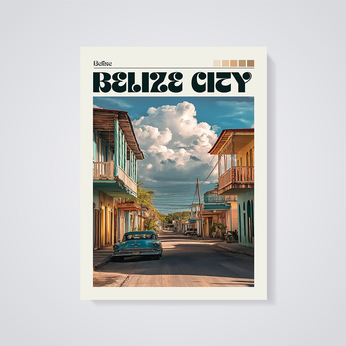 Belize City Vintage Car Street Print unframed on a grey background