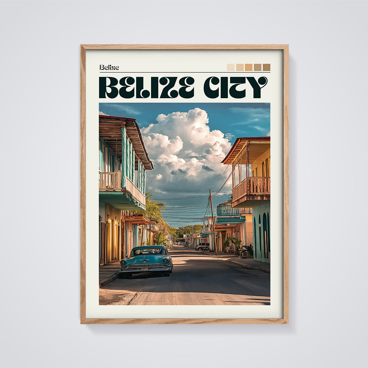 Belize City Vintage Car Street Print framed in oak on a grey background