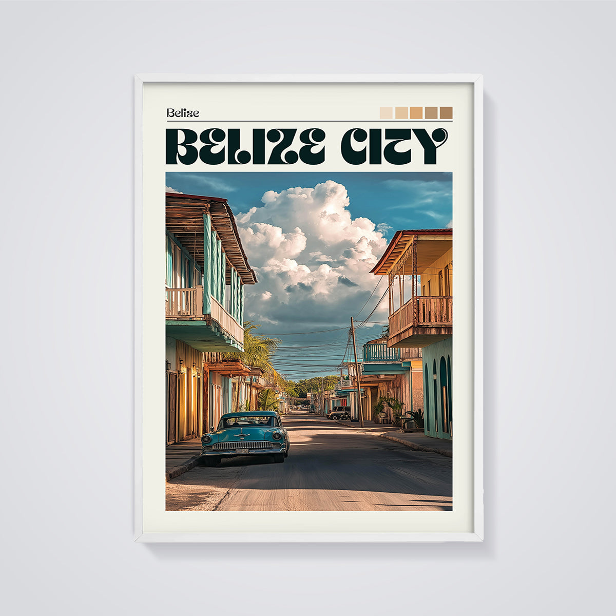 Belize City Vintage Car Street Print framed in white on a grey background