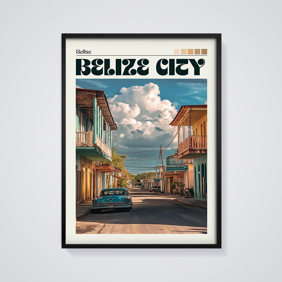 Belize City Vintage Car Street Print framed in black on a grey background