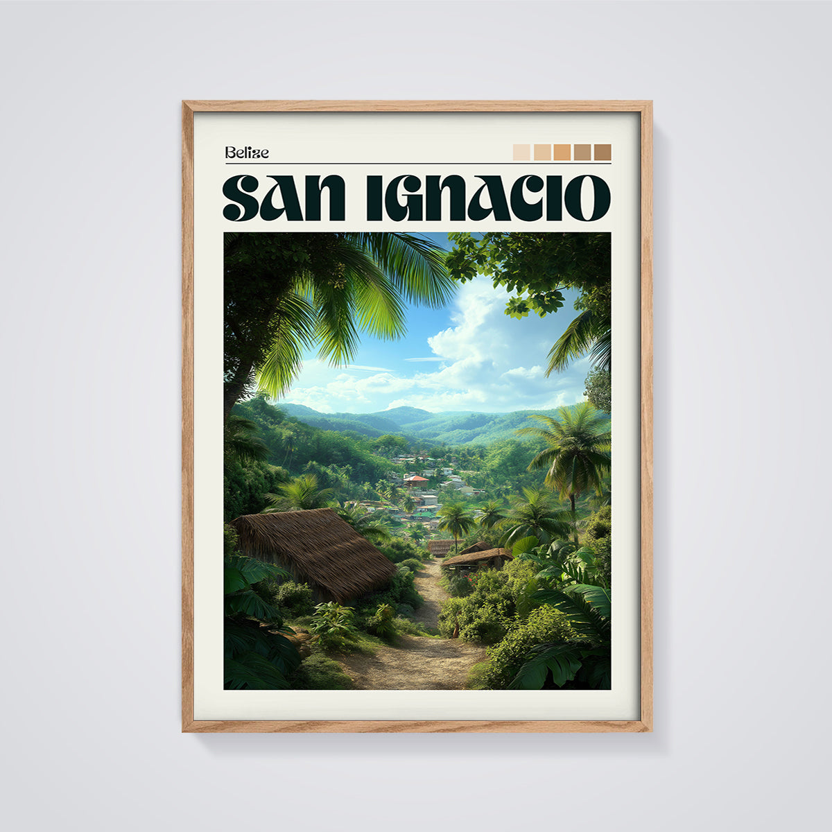 Belize San Ignacio Valley Print framed in oak on a grey background