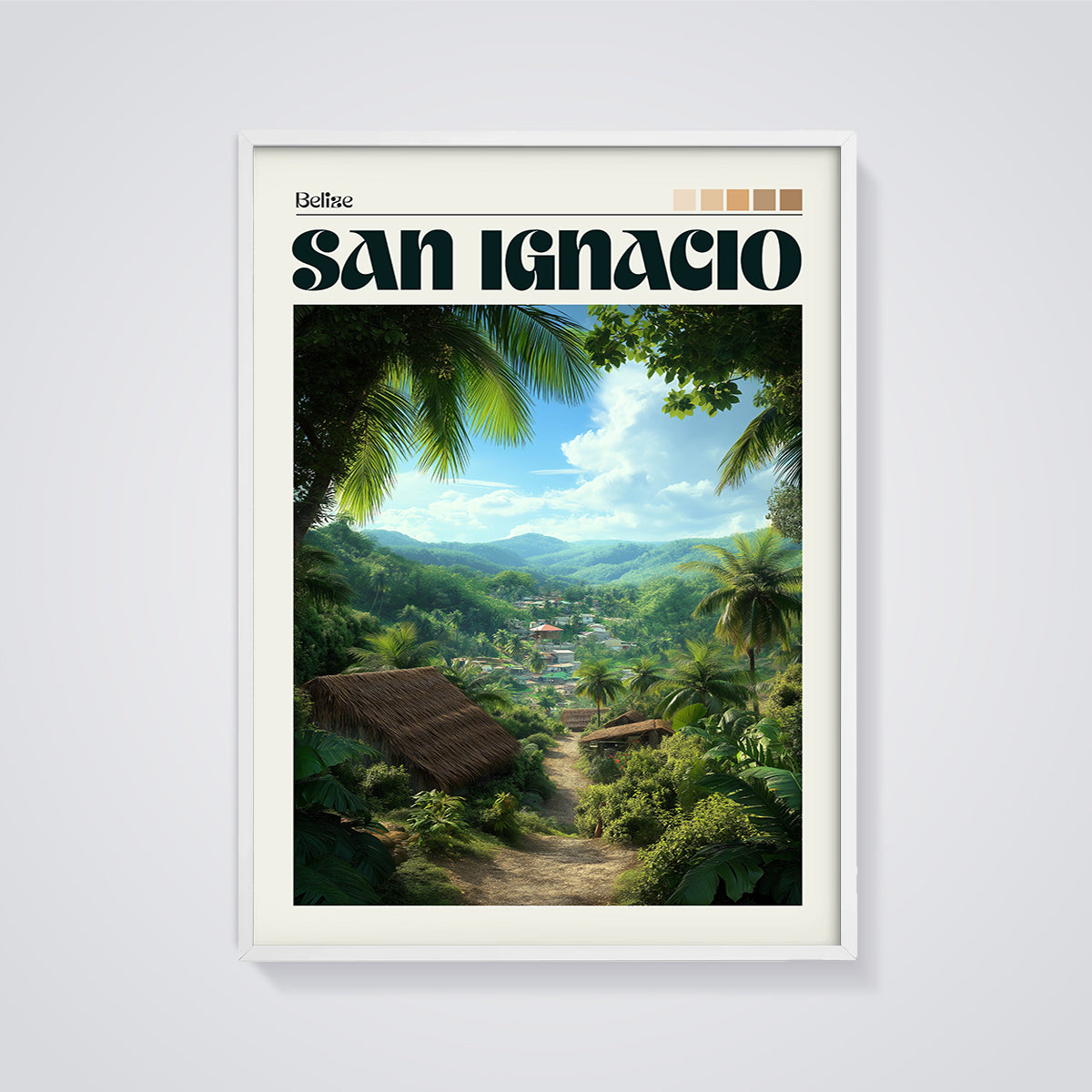 Belize San Ignacio Valley Print framed in white on a grey background