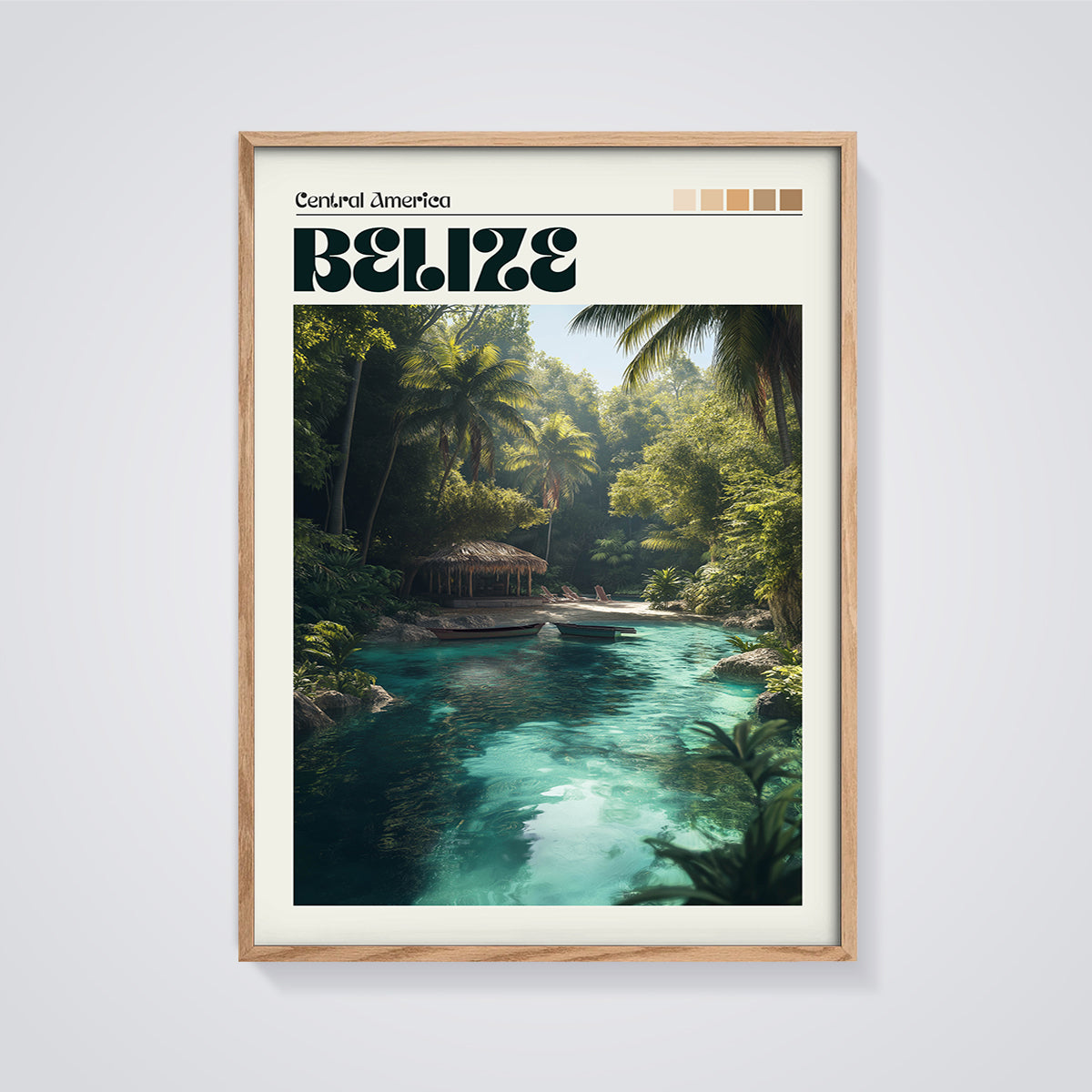 Belize Tropical Lagoon Print framed in oak on a grey background