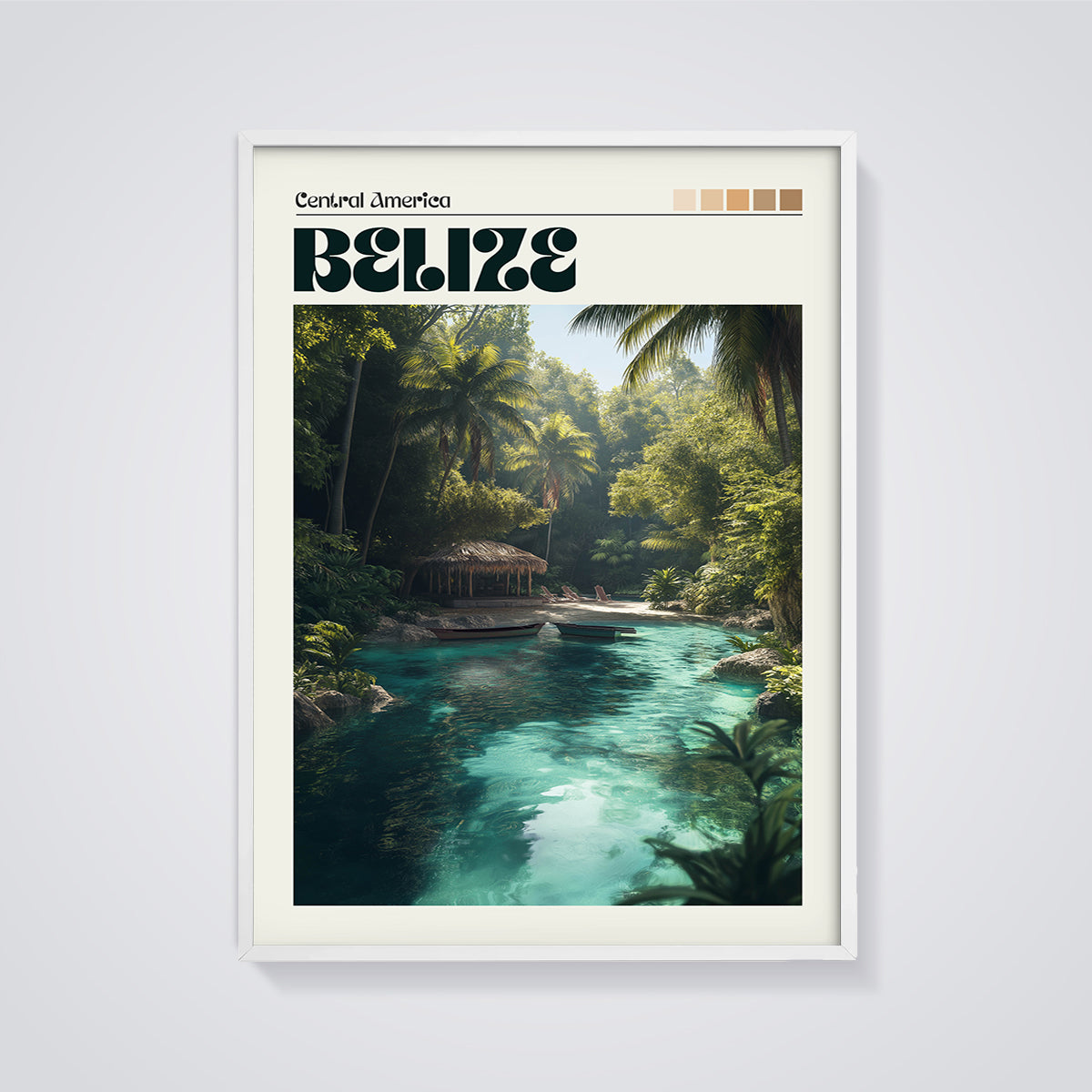 Belize Tropical Lagoon Print framed in white on a grey background