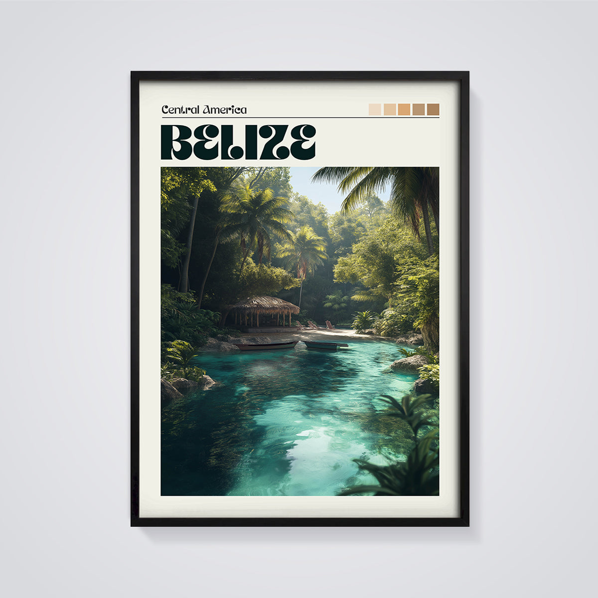 Belize Tropical Lagoon Print framed in black on a grey background