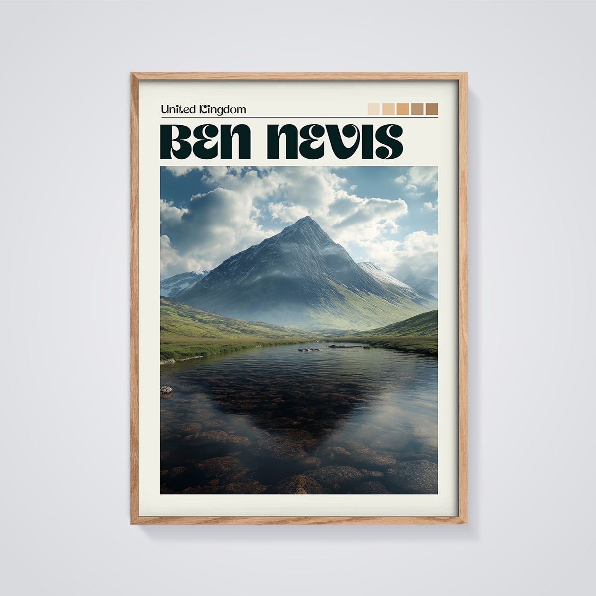 Ben Nevis Summit Lake Print framed in oak on a grey background