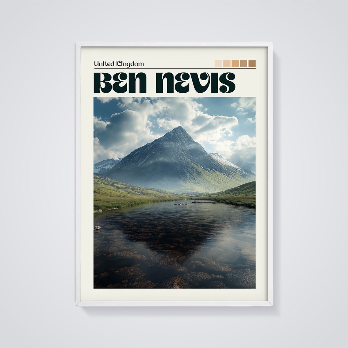 Ben Nevis Summit Lake Print framed in white on a grey background