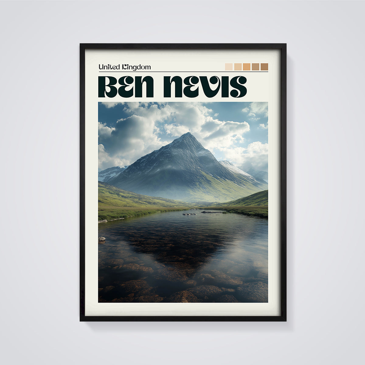 Ben Nevis Summit Lake Print framed in black on a grey background
