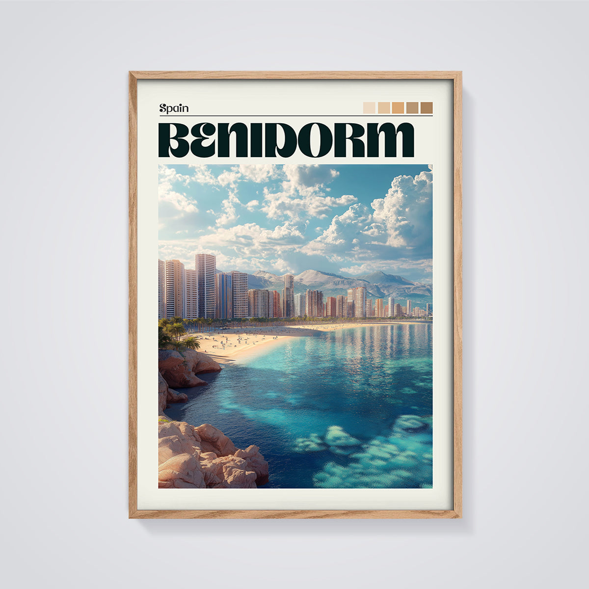 Benidorm Spain Beach City Print framed in oak on a grey background