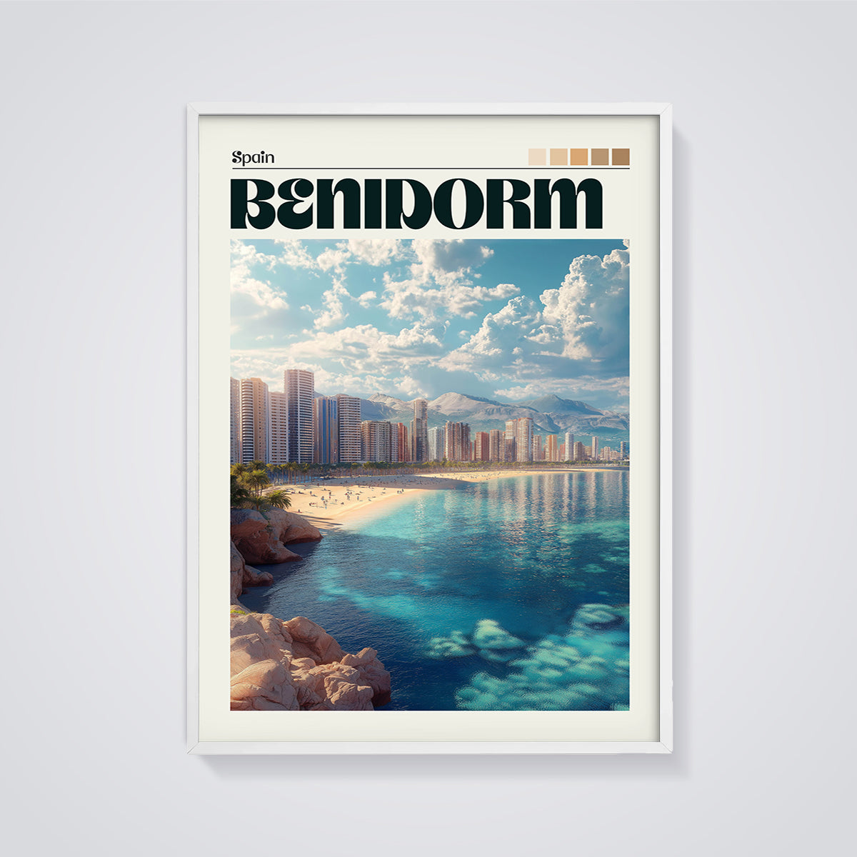 Benidorm Spain Beach City Print framed in white on a grey background