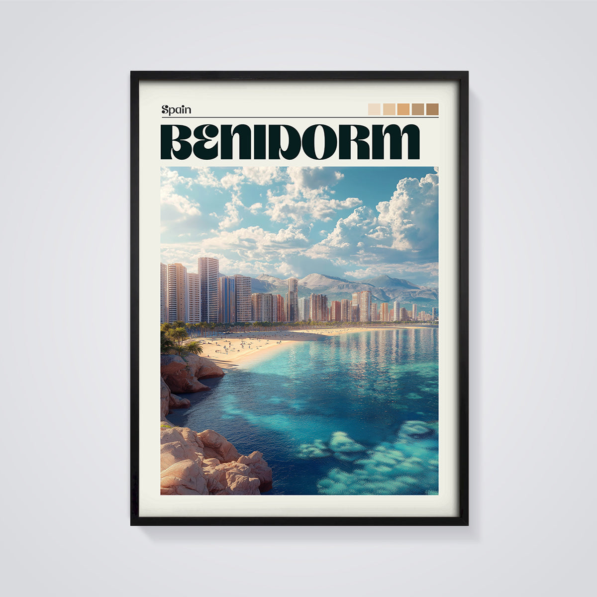 Benidorm Spain Beach City Print framed in black on a grey background