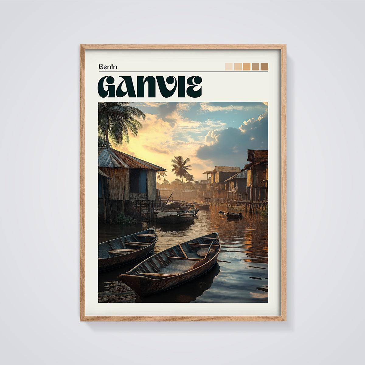 Benin Ganvie Stilt Village Print framed in oak on a grey background
