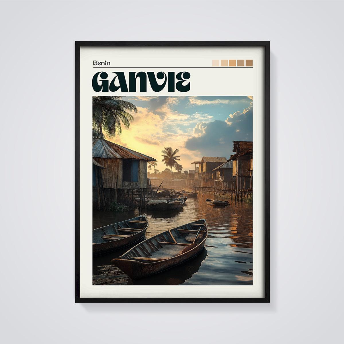 Benin Ganvie Stilt Village Print framed in black on a grey background