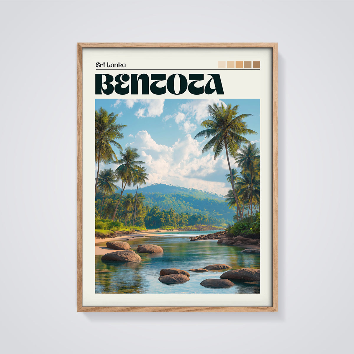 Bentota Sri Lanka Tropical Landscape Print framed in oak on a grey background