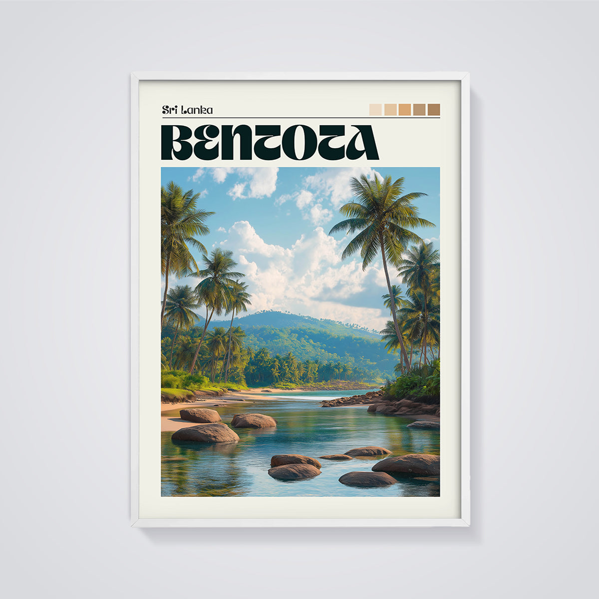 Bentota Sri Lanka Tropical Landscape Print framed in white on a grey background