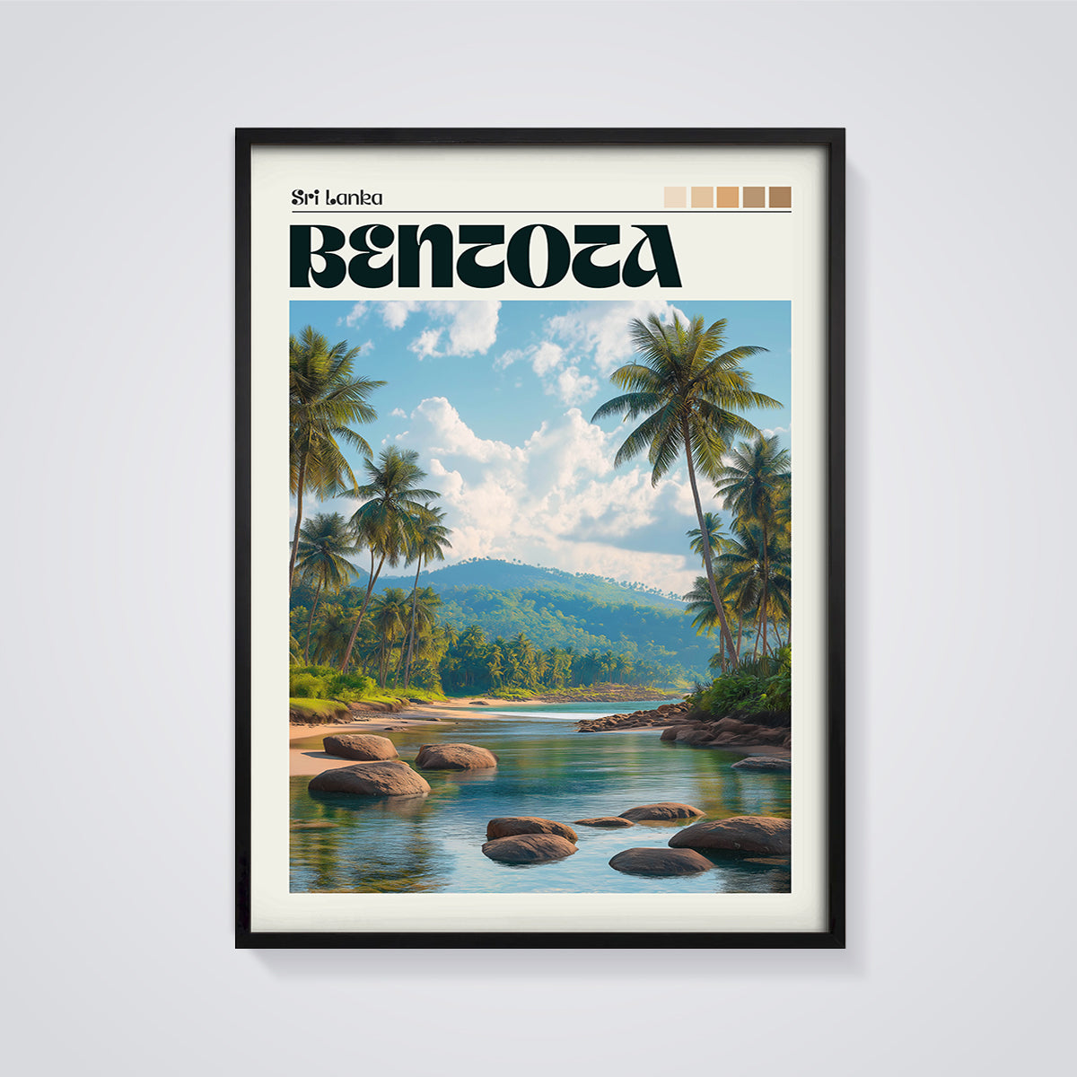 Bentota Sri Lanka Tropical Landscape Print framed in black on a grey background