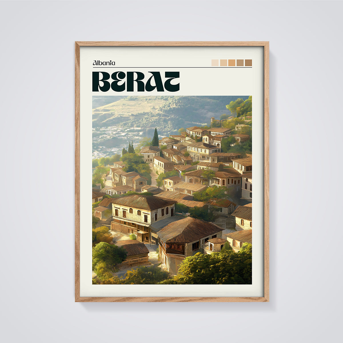 Berat City Print framed in oak on a grey background