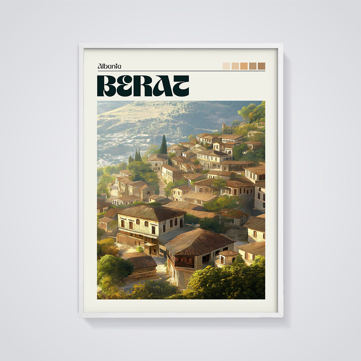 Berat City Print framed in white on a grey background