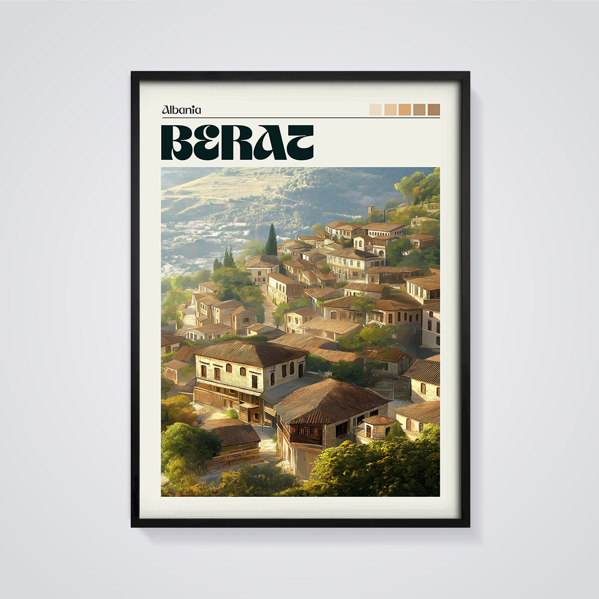 Berat City Print framed in black on a grey background