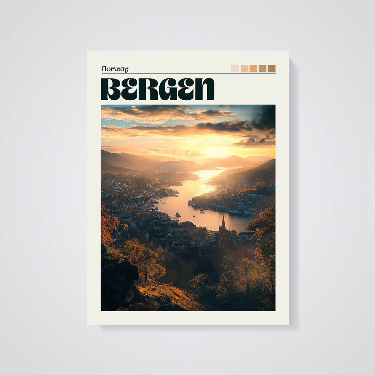 Bergen Fjord Sunset Print unframed on a grey background